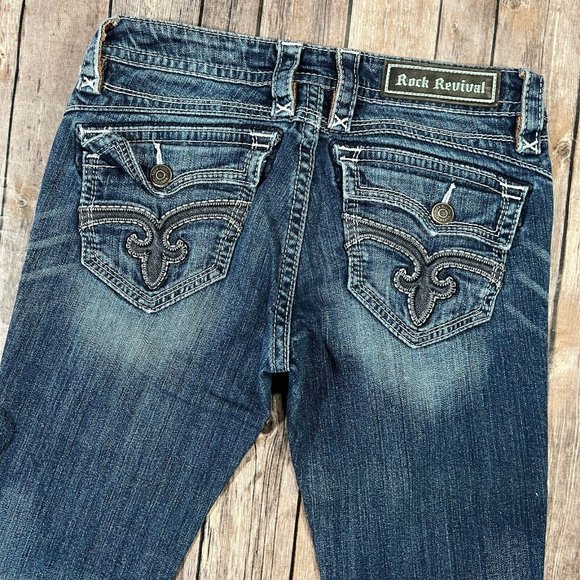 Rock Revival Ele Bootcut Stretch Jeans 27x34 Mens Blue Denim Thick Stitch Flap - Picture 4 of 13